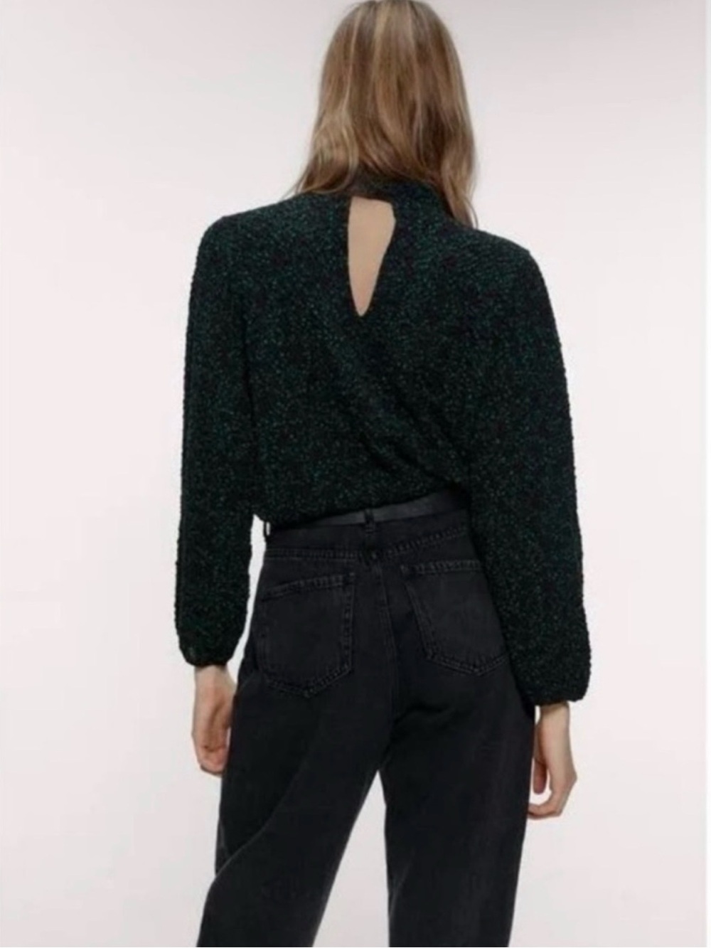Zara Textured Floral Blouse Puff Sleeve Open Back Top Black Green Size S - Picture 4 of 9